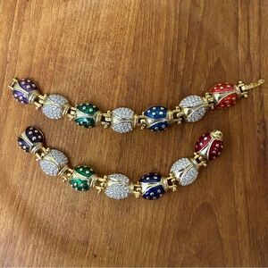 Gold Tone Lady Bug Multicolor Enamel/Pave Crystals Bracelet And Pin Set Unmarked